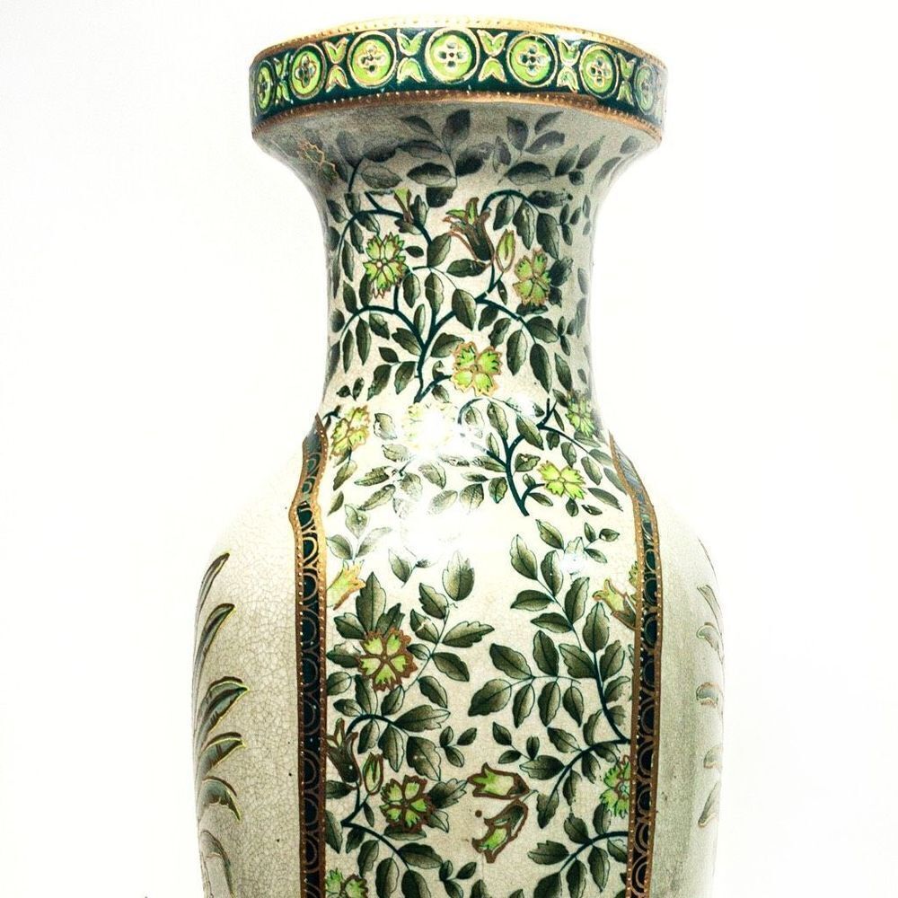 Porcelain Vase Green/Gold Botanical Motif Hand Painted Gilt Accent China - Picture 4 of 13
